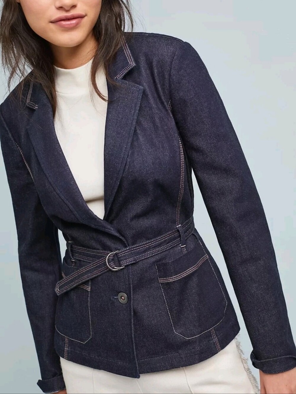 Anthropologie Cartonnier Belted Denim Blazer Jacket M Dark Wash Indigo Boho Chic